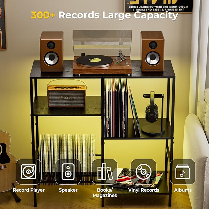 Record Player Stand with LED Light, Turntable Stand with Vinyl Storage - Up to 300+ Albums, 3-Tier Record Player Table Cabinet, Adjustable Shelf & V-Shaped Holder, Vinyl Display Shelf for Living Room