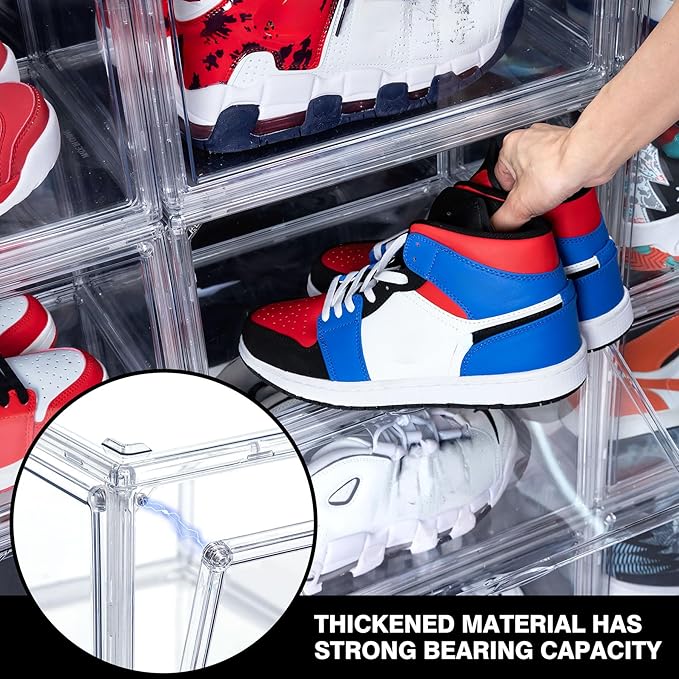 12 Pack Shoe Boxes, Clear Acrylic Stackable Plastic Sneaker Box Container, Magnetic Drop & Side Open Shoe Organizer Case Container With Lids Fits Up to Size 15(Transparency)