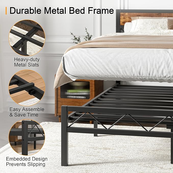 VECELO Twin Bed Frame with Headboard, Metal Platform Bedframe with Heavy Duty Slats Support, No Box Spring Needed, Easy Assembly, Rustic Brown