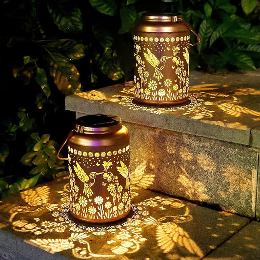 2Pack Hummingbird Solar Lanterns Outdoor Waterproof Lantern Garden Decor Gifts for Women Mom Grandma Hanging Solar Lights Metal Decoration Outside for Yard, Patio,Porch,Tabletop,Pathway