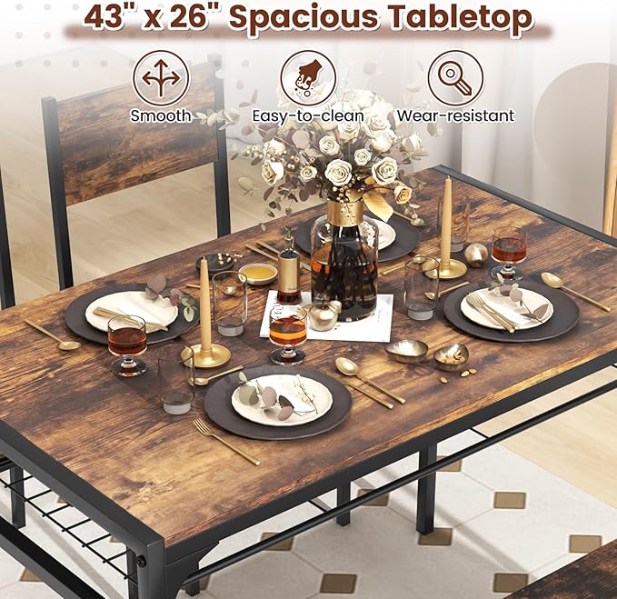 COSTWAY 4 Pieces Dining Table Set, Kitchen Table and 2 Chairs for 4 with Bench, Storage Racks, Metal Frame & Space-saving Design, Industrial Kitchen Table Set for Small Space, Apartment (Rustic Brown)