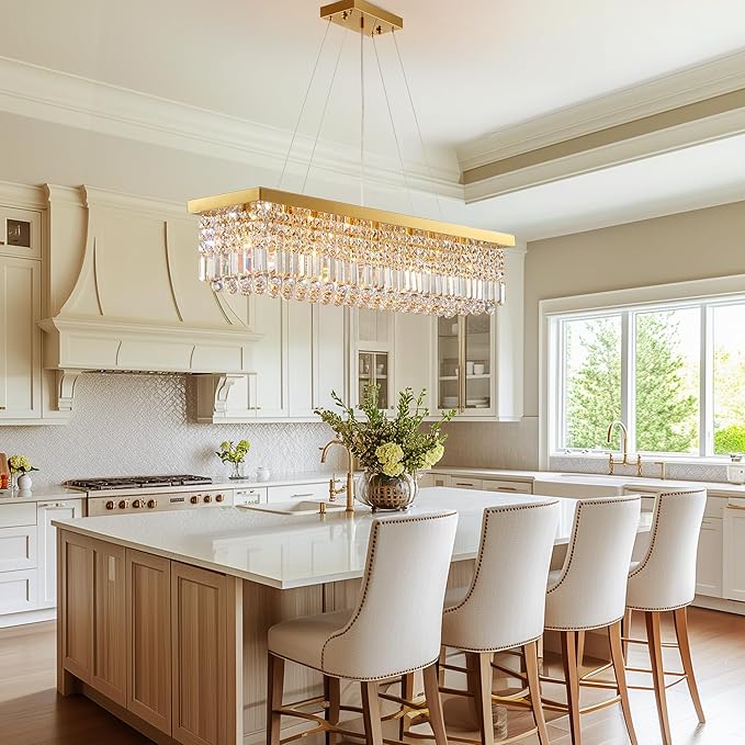 Modern Crystal Chandelier for Dining Room 8-Light Gold Rectangle Chandeliers K9 Crystal Ceiling Light Fixture Hanging Pendant Lights Kitchen Island Bar Bedroom Party Wedding Hotel