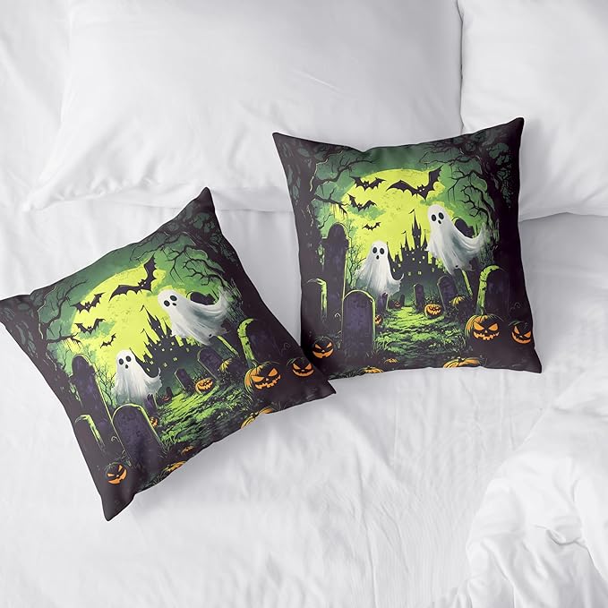 2 Pack Halloween Pillow Covers 18x18 Graveyard Ghost Throw Pillow Covers Horror Spooky Green Full Moon Night Pillow Case Bat Pumpkin Cushion Case for Holiday Party Decor Couch Sofa