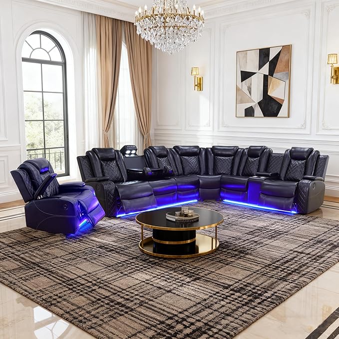 Power Recliner Sectional Sofa Set, Black Leather Sectional Couch and Chair for Living Room, L Shape Reclining Sofa with Cup Holder, Hidden Storage, Coffee Table for House(7 Seat)
