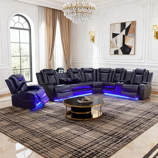Power Recliner Sectional Sofa Set, Black Leather Sectional Couch and Chair for Living Room, L Shape Reclining Sofa with Cup Holder, Hidden Storage, Coffee Table for House(7 Seat)