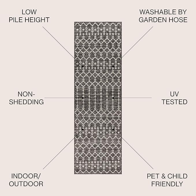 JONATHAN Y Moroccan Geometric Indoor Outdoor Runner Rug 2X10 Black/Gray, Ourika Textured Weave for Backyard, Patio, Porch, Easy-Cleaning, High Traffic, Pet-Friendly, Non-Shedding (SMB108F-210)