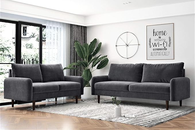 Container Furniture Direct Americus Velvet Upholstered Sofa and Loveseat Set, Couches for Living Room with Luxurious Mid Century Modern Design and Wooden Base, 2 Piece, Grey