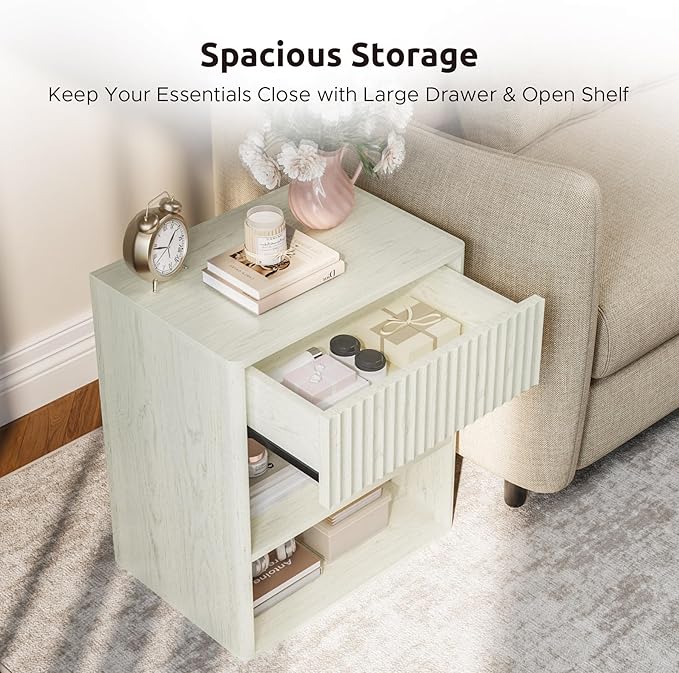 Nightstand Bedside Table Storage Drawer - Large Mid Century Modern Night Stand with Fluted Wood Storage Drawer and Open Shelf Bed Side Table for Bedroom Study Room, Ash White, Set of 1