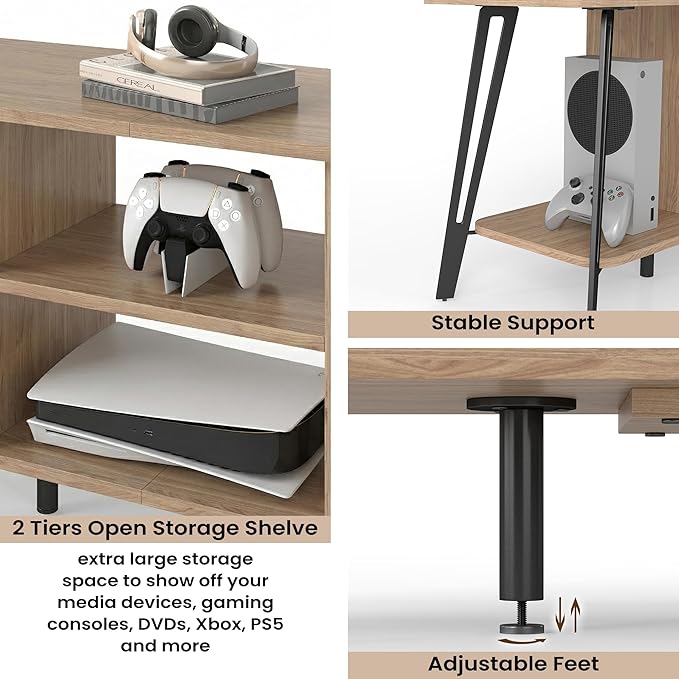 Manora TV Stand for TVs up to 55 Inch, Simple Modern Entertainment Center with 3 Tier Open Storage Shelves, TV Console Table for for Living Room, Bedroom, Oak