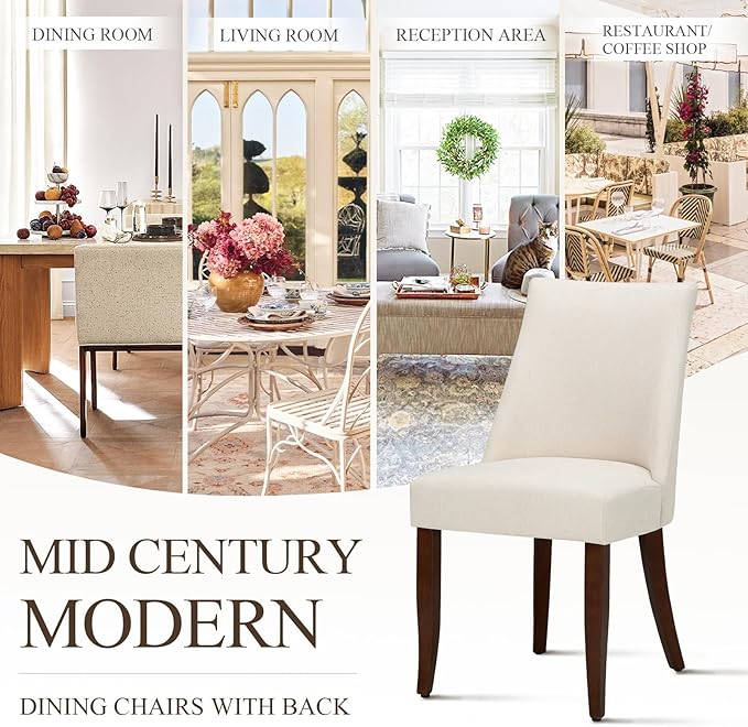 Upholstered Dining Chairs Set of 4, Mid Century Modern Kitchen Chairs with Back, Farmhouse Fabric Side Dining Room Chairs with Wood Legs for Dining Room Restaurant, Beige
