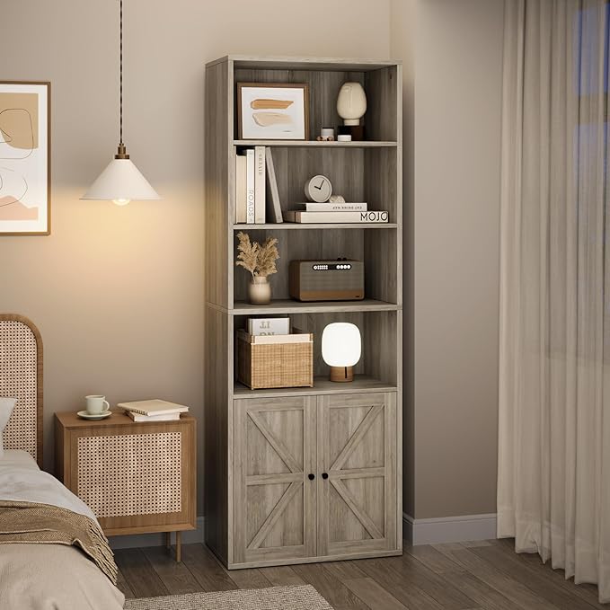 CABIHOME Farmhouse Bookcase with Doors 71.4in Tall Bookshelf 11.8in Depth Display Storage Shelves Industrial Bookcases Wooden 6 Shelf Bookshelves for Bedroom, Living Room, Home Office