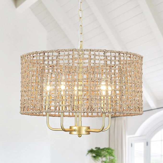 5-Light Gold Rattan Chandelier Large Hand Woven Farmhouse Chandelier with Wicker Shade Rustic Boho Pendant Light Fixtures Drum Chandeliers for Dining Room Kitchen Living Room Foyer Entryway Hallway