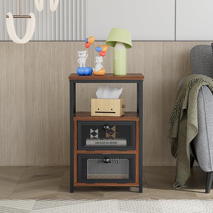VECELO End Side Table, Modern Night Stand with Storage Space and Door, Set of 2 Nightstands for Living Room,Bedroom,Lounge,Antique Brown