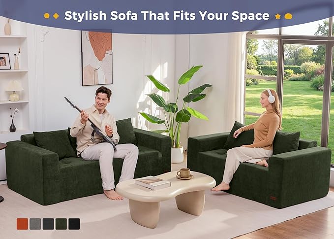 MAXYOYO Modular Sofa Couch, 61" Loveseat Boneless Cloud Couch with Deep Seat, Chenille Upholstered Living Room Sleeper Sofa Chair for Living Room, No Assembly Required, Dark Green