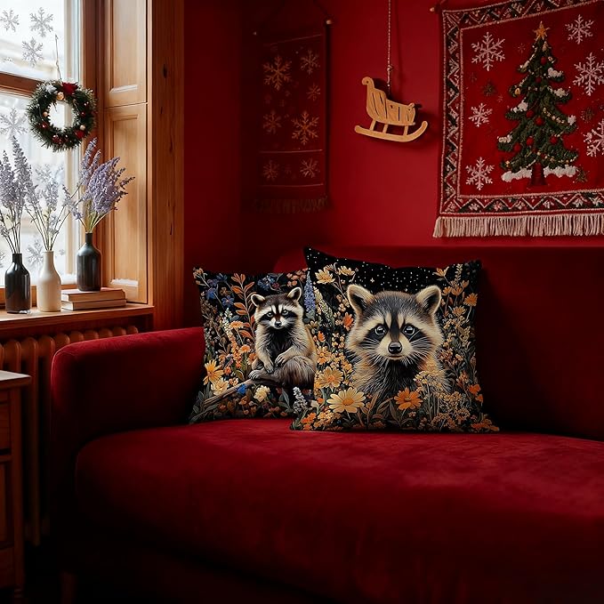 William Morris Inspired-Moody Floral Raccoon Pillow Covers 18x18 Set of 2, Raccoon Lover Gifts, Dark Wildflower Botanical Trash Panda Wildlife Decor Pillow Covers for Home Living Room Bedroom