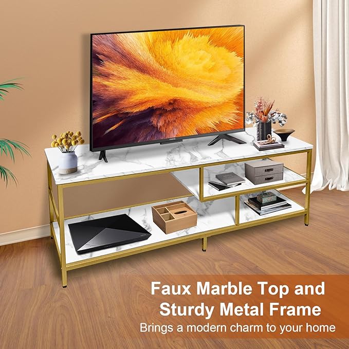 AT-VALY TV Stand for 55-75 inch TVs, Metal&MDF TV Stand with 3-Tier Storage Shelves for Living Room, Entertainment Center with Storage Cabinets (Gold)