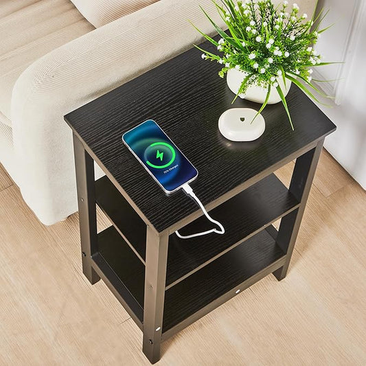 VECELO Side/End Storage with Shelf Versatile Nightstands Lamp Table Living Room Bedroom Furniture, Shelves, Classic Black