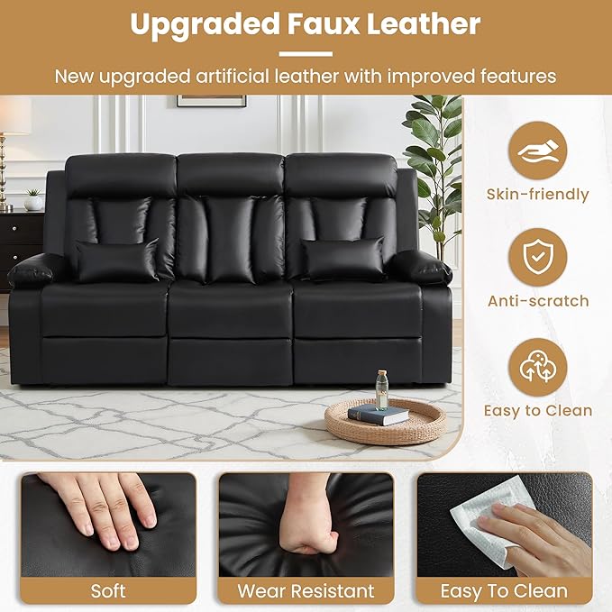 Power Reclining Sofa with Drop-Down Console and Lumbar Pillows, Leather 3-Seat Recliner Couch with USB & Type-C Ports, Cup Holders, Hidden Storage, Wall Hugger Recliner for Living Room RV Theater