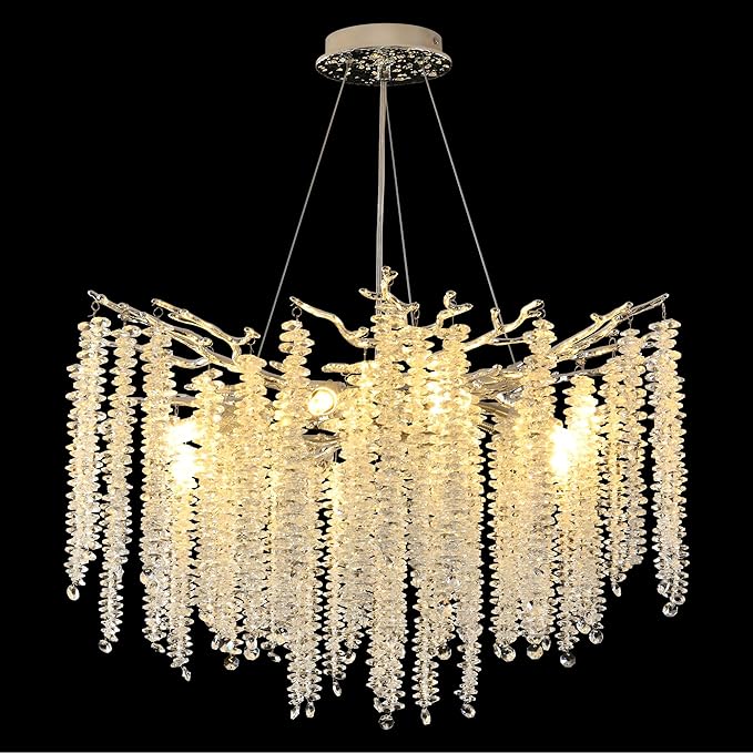Modern Crystal Tree Branch Chandelier, Chrome Round Art Deco Raindrop Lighting Fixture for Dining Room Bedroom Foyer 6 Lights D18''