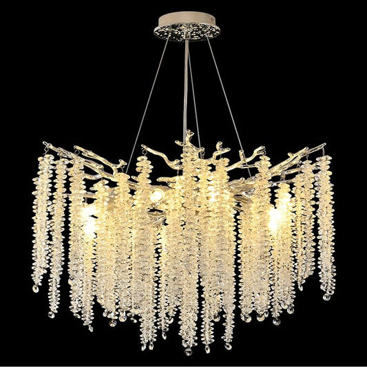 Modern Crystal Tree Branch Chandelier, Chrome Round Art Deco Raindrop Lighting Fixture for Dining Room Bedroom Foyer 6 Lights D18''