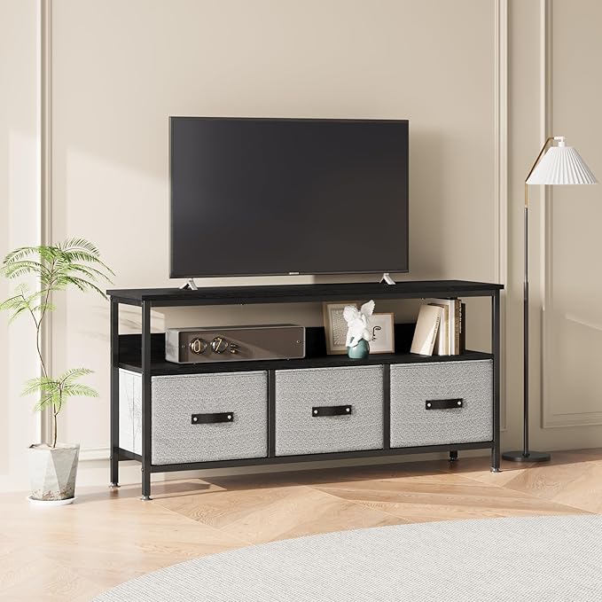 GAOMON 55 Inch TV Stand for Living Room, TV Stand with 3 Drawers, Compact Entertainment Center with Storage Solutions, TV Console Table for Bedroom, Black Finish with Grey Drawers
