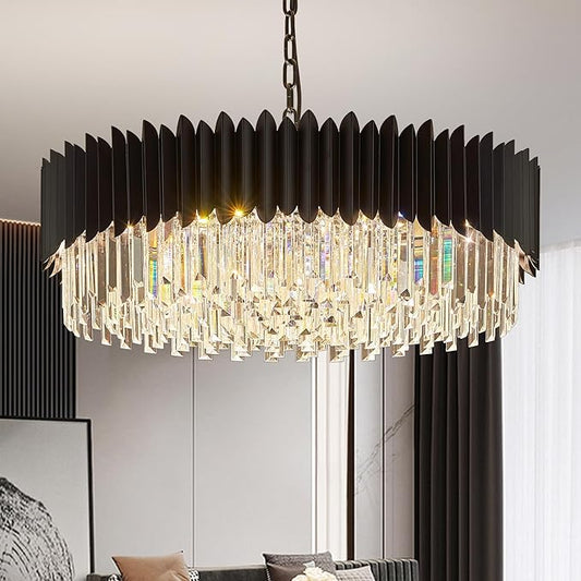 30" Modern Black Crystal Chandelier 12 Lights 6-Tier Large Ceiling Pendant Light Fixture Hanging Ceiling Light for Dining Room Living Room Bedroom Entryway Foyer