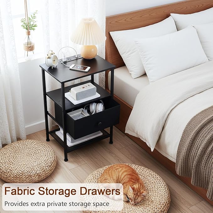 Night Stand Set 2, Nightstand with Charging Station, End Tables Living Room with Fabric Drawer for Small Spaces, Bed Side Tables with Storage Shelf for Bedroom, Black, HETS010BK
