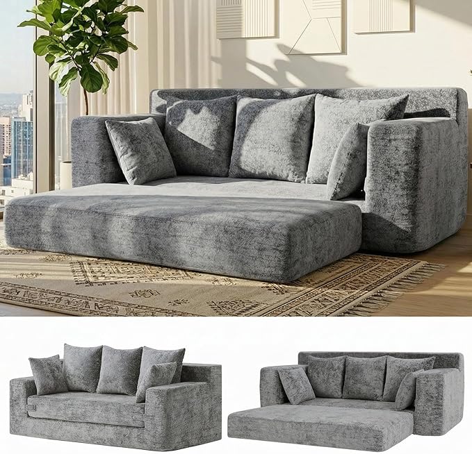 Convertible Sofa Bed, 5 in 1 Small Boneless Couch Pull Out Loveseat Sleeper Sofa,Corduroy Futon Couch Folding Mattress with 4 Pillows for Living Room Bedroom Lounge (Light Gray, 3 Seater)