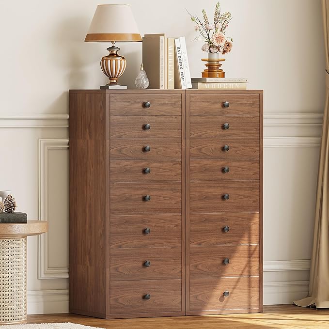 LIKIMIO Tall Dresser, Small Dressers with 8 Storage Drawers, Chest of Drawers for Organizing, Tall Narrow Dresser for Bedroom, Walnut