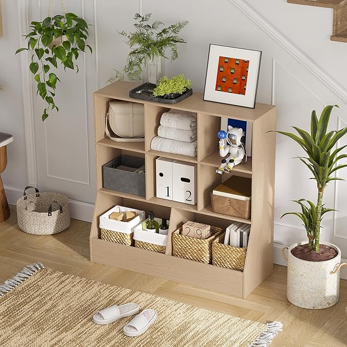 DINZI LVJ Toy Storage Organizer, Kids Bookshelf, Wood Toy Storage Cabinet, 3-Tier 8 Cubby Children Bookcase, 39.4" L Toddler Book Shelf for Playroom, Living Room, Nursery, Hallway, School, Natural