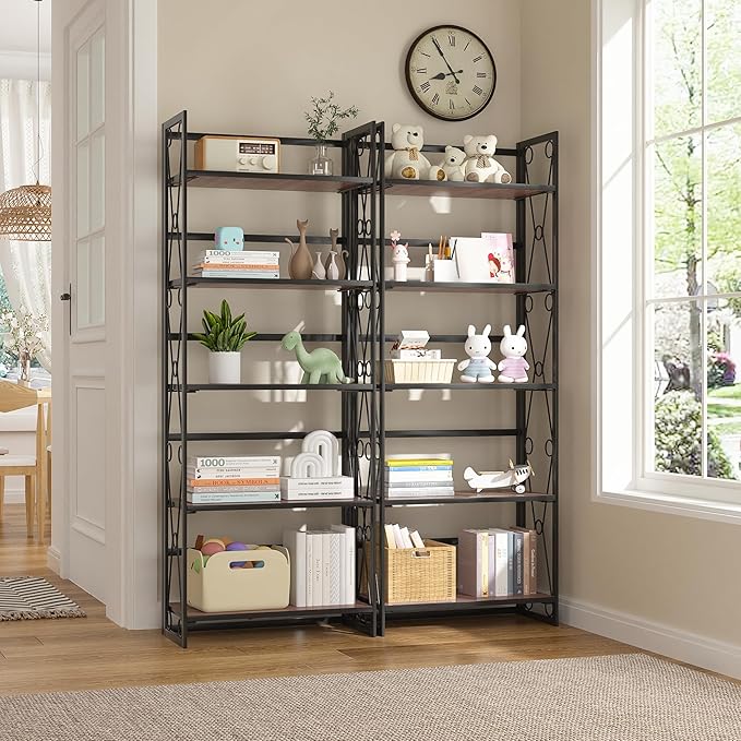 VECELO Bookshelf, 5 Shelf Folding Bookcase No Assembly, Industrial Metal Freestanding Shelves Rack Organizer for Living Room, Office, Bedroom, Kitchen, Set of 2, Dark Brown