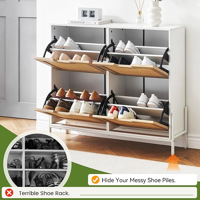 4 Flip Drawers Shoe Storage Cabinet, Rattan Shoe Organizer with Metal Legs, Freestanding Narrow Shoe Rack Cabinet for Entryway, White
