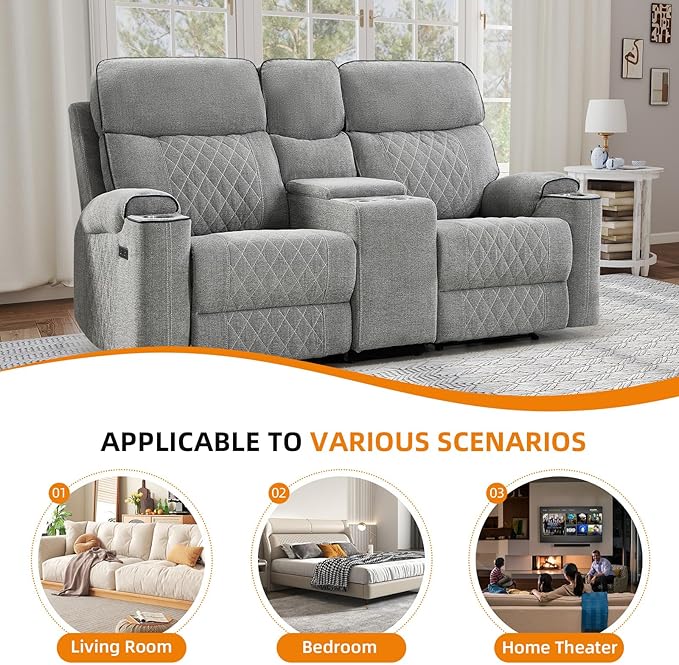 EBELLO Power Reclining Sofa Couch, Fabric Electric Recliner Loveseat Sofa with Cup Holders, USB Type-C Charging Ports and Storage Space, 2 Seats for Small Living Room, Bedroom and Meeting Room, Grey
