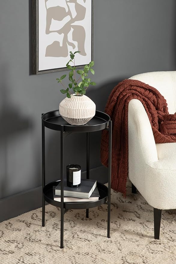 Kate and Laurel Celia Round Metal Foldable Tiered Side Table; 16 x 26; Black; Modern Accent Table with Removable Magnetic Tray Tabletops and Space-Saving Folding Base