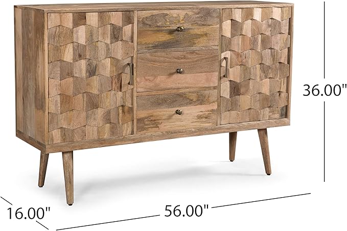 Great Deal Furniture Zona Mid-Century Modern Mango Wood 3 Drawer Sideboard with 2 Doors, Natural