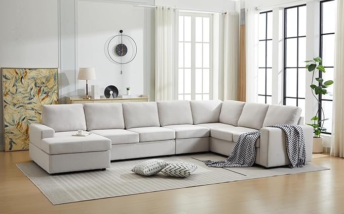 Ball & Cast 147" L-Shaped Sectional Couch for Living Room with Reversible Chaise & Removable Back Cushions,7 Seat Linen Upholstered Convertible Sectional Sofa Set,DIY Combination,for Home,Office,Beige
