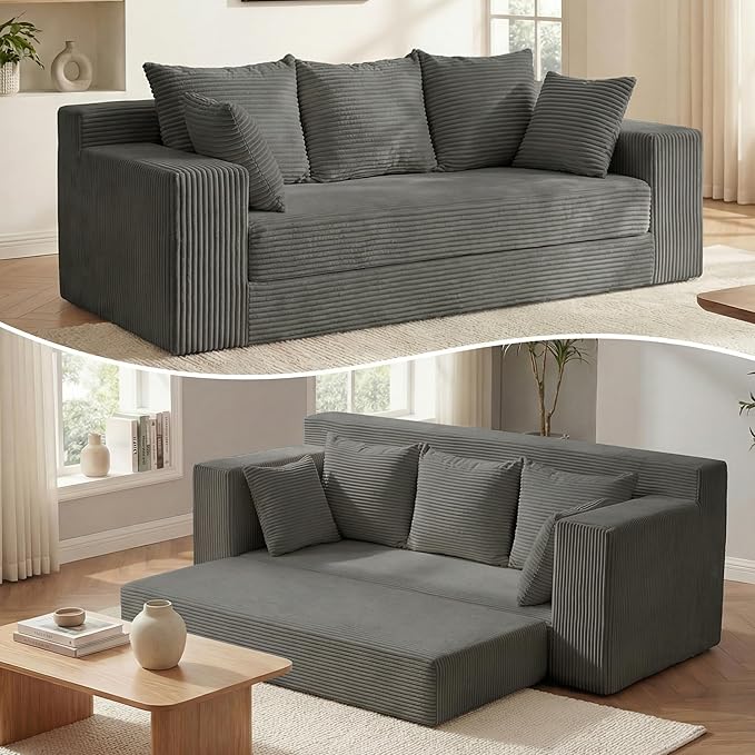 Convertible Sofa Bed, 5 in 1 Small Boneless Couch Pull Out Loveseat Sleeper Sofa,Corduroy Futon Couch Folding Mattress with 4 Pillows for Living Room (Gray, 3 Seater)