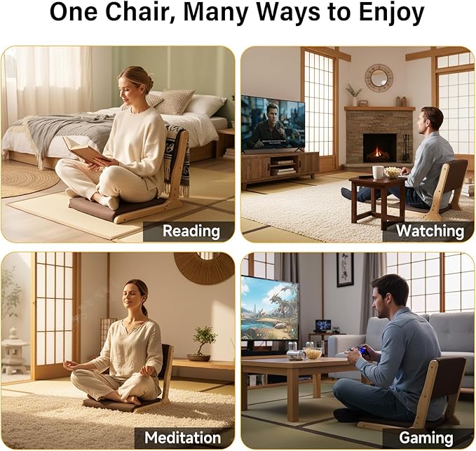 Tiita 2Pcs Floor Games Chair, Foldable Meditation Tatami Chairs, Backrest Chair with Cushion, Living Room Chair Seat, Wood Brown