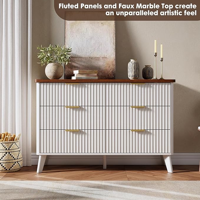 Garvee 6 Drawers Dresser for Bedroom, 47.2" Wide Dressers with Curved Profile Design, Fluted Wood Drawers with Gold Handle, Modern Chest of Dressers with Thickened Design for Living Room, White