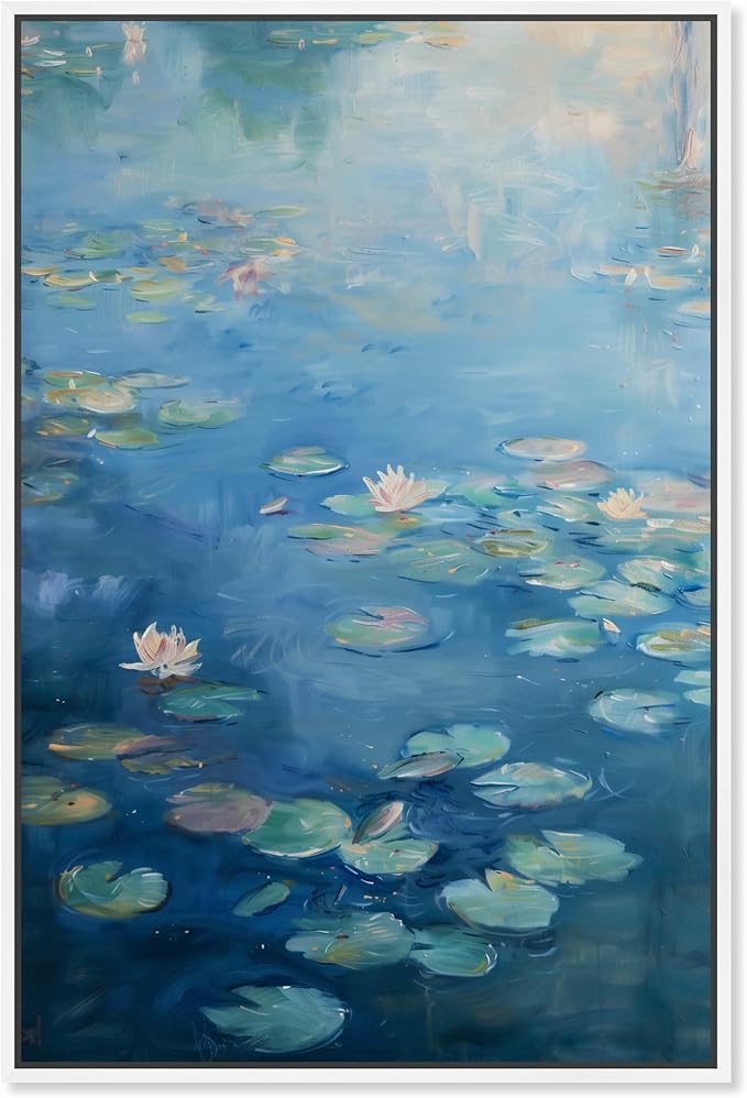 Art Remedy Lilypads In Blues Framed Impressionism 1 Piece Canvas Wall Art/Monet And Van Gogh Inspired Art, 17" x 25", White Frame