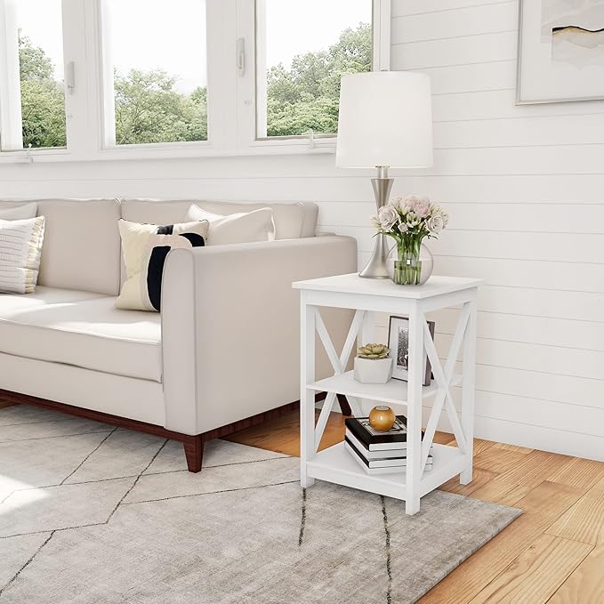 Wooden End Table - Modern Style Sofa Side Table with X-Leg Design and Two Shelves - Small Furniture for Living Room or Bedroom by Lavish Home (White)