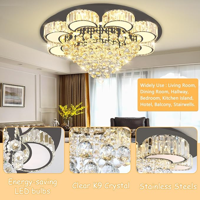 31.4'' Black Modern Crystal Chandeliers for Dining Room LED Dimmable Light Fixtures Flush Mount Light Living Room Bedrooms