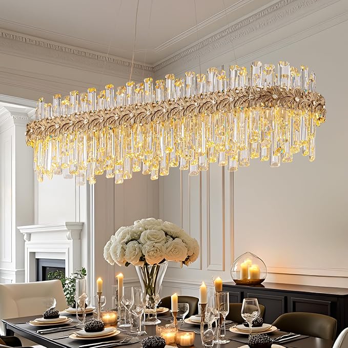 Luxury Crystal Chandeliers for Dining Room,40“ Gold Contemporary K9 Crystal Chandelier,Adjustable Pendant Ceiling Light Fixture with Leaf-Edge for Dining Living Room Foyer Entryway