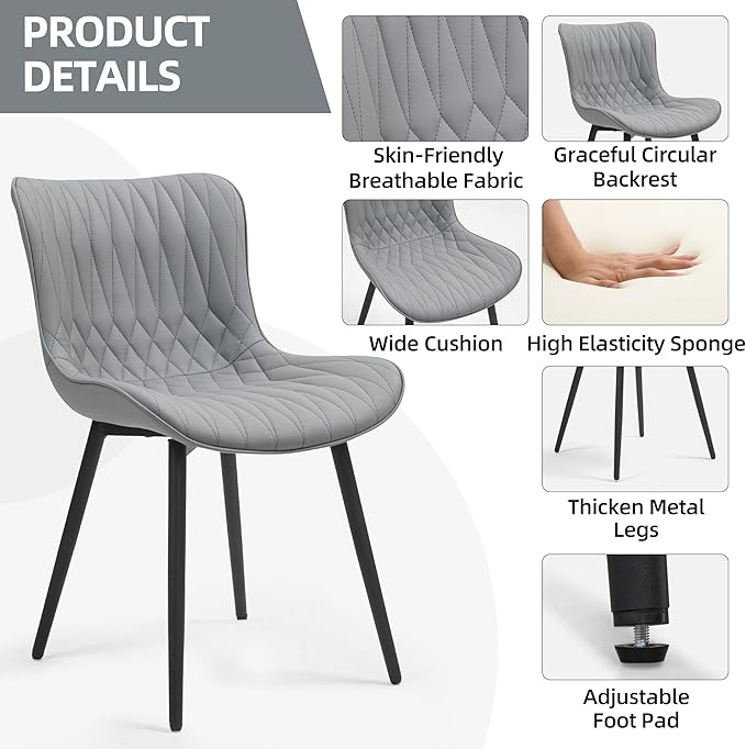 Finnhomy Dining Chairs Set of 2, Mid-Century Modern Upholstered Dining Chairs, Armless Faux Leather Accent Chairs with Backrest, Living Dining Room Chairs with Metal Legs for Dining Room, Light Grey