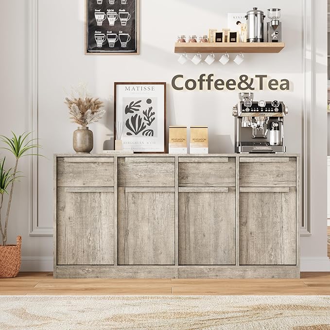 GarveeHome Sideboard Buffet Cabinet with 4 Drawers, 62.4 in Large Coffee Cabinet with Storage, Modern Storage Buffet Table for Kitchen Dining Room, Living Room (Grey, 4 Doors & 4 Drawers)