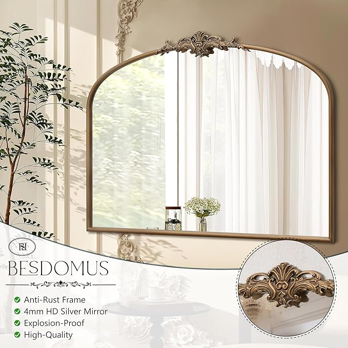 Besdomus Vintage Arched Gold Mirror: 40"x29" Large Matt Gold Antique Wall Mounted Mirror - Baroque Traditional Ornate for Entryway/Fireplace/Bathroom/Hallway - Home Decor for Fashion Women
