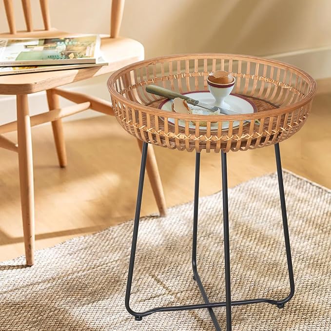 Oakrain Small Side Table, Boho Coffee Table, Bamboo&Rattan, DrinkTable with Boho Style, for Balcony, Living Room, Bedroom (20.47inch, 1PCS)