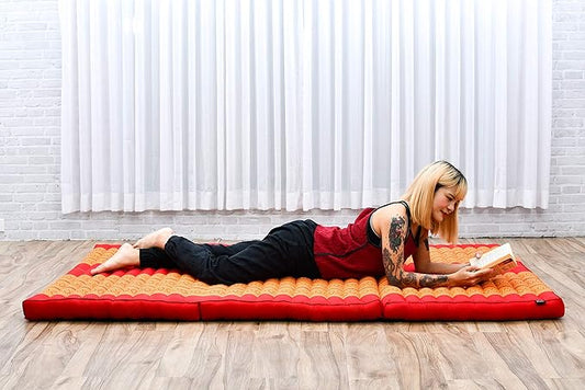 Leewadee Trifold Mattress XL – Comfortable Thai Massage Pad, Foldable Relaxation Floor Mattress Filled with Kapok, Perfect to Use as a Sleeping Mat 79 x 39 inches, Orange Red