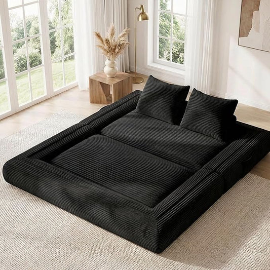 Jocoevol 4-in-1 Convertible Folding Sofa Bed, 68"L x 78"W Queen Size Foldable Sleeper Sofa Bed, Wide Corduroy Upholstery, Boneless Mattress Couch with Armrests & Neck Pillow for Living/Bedroom, Black