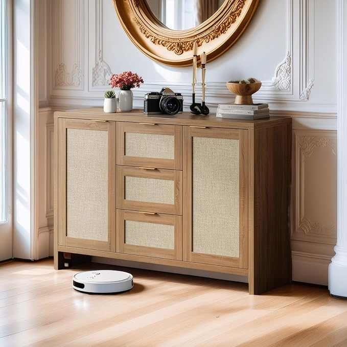 Modern Rattan Buffet Cabinet Sideboard with Storage,47" Boho Credenza Buffet Console Table with Drawers&Doors,Wooden Coffee Bar Cabinet for Entryway/Living Room/Farmhouse(Natural Oak,1pc)